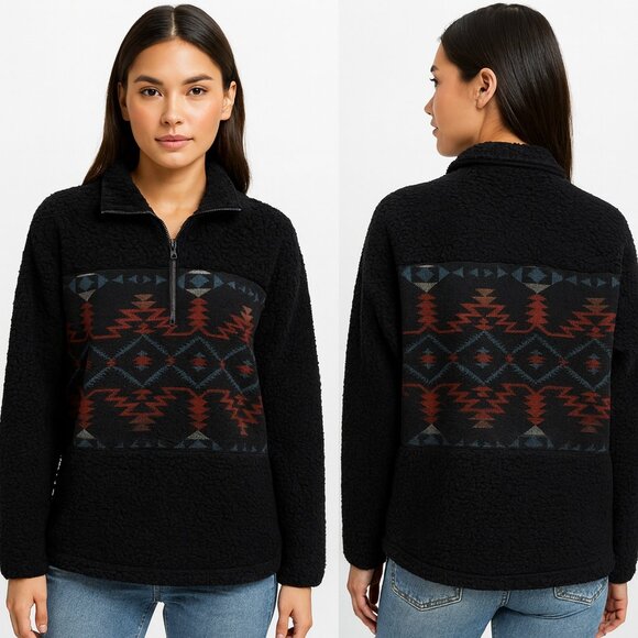 Vintage Look Aztec 1/4 Zip Sherpa Fleece Western Boho Black Outback Trading Sz M - Picture 1 of 13